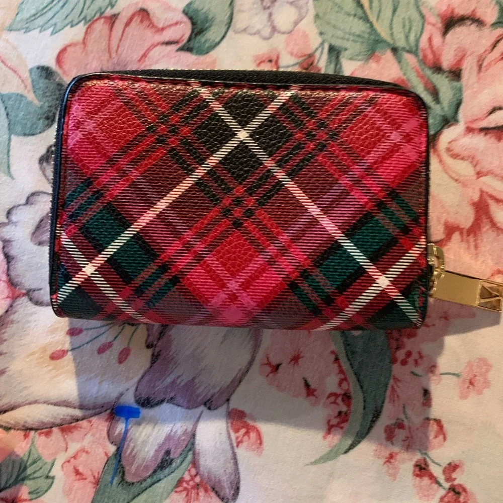 Victoria's Secret Red & Green Plaid Zip Wallet with Stud Accents - Picture 2 of 4